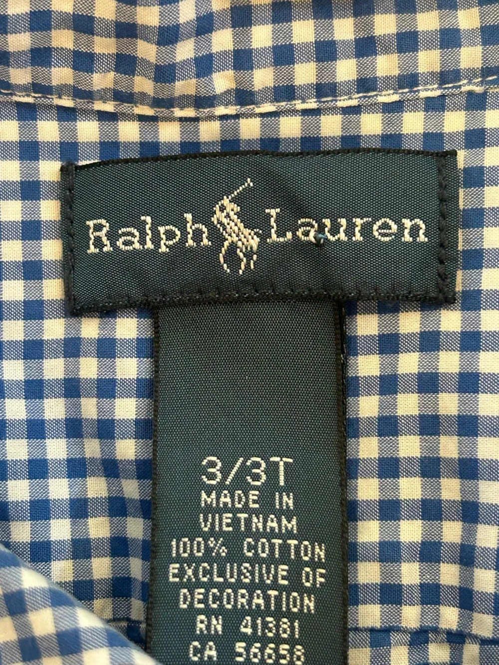 Ralph Lauren Boys 3T Blue Gingham Button Down Shirt Red Pony
